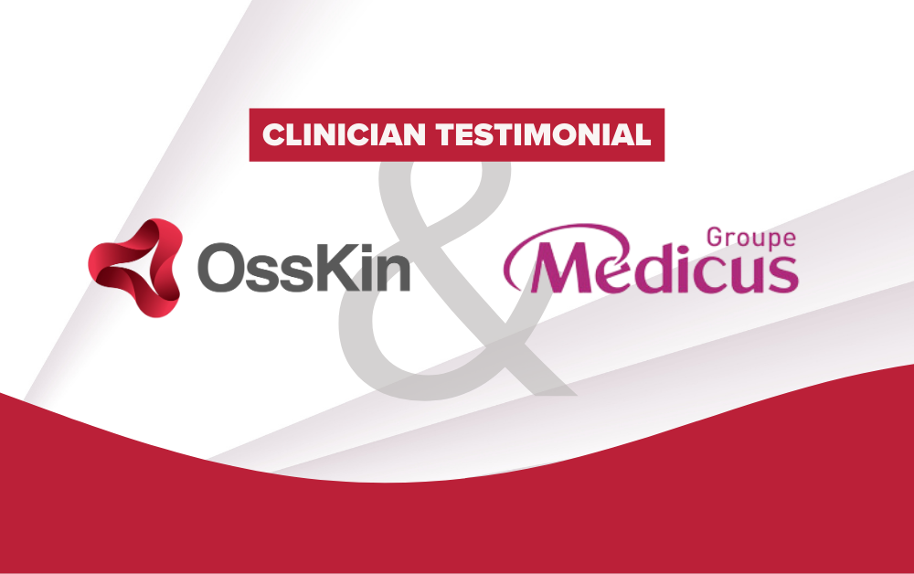 graphic card with osskin and medicus groupe logo, with clinician testimonial written on the top