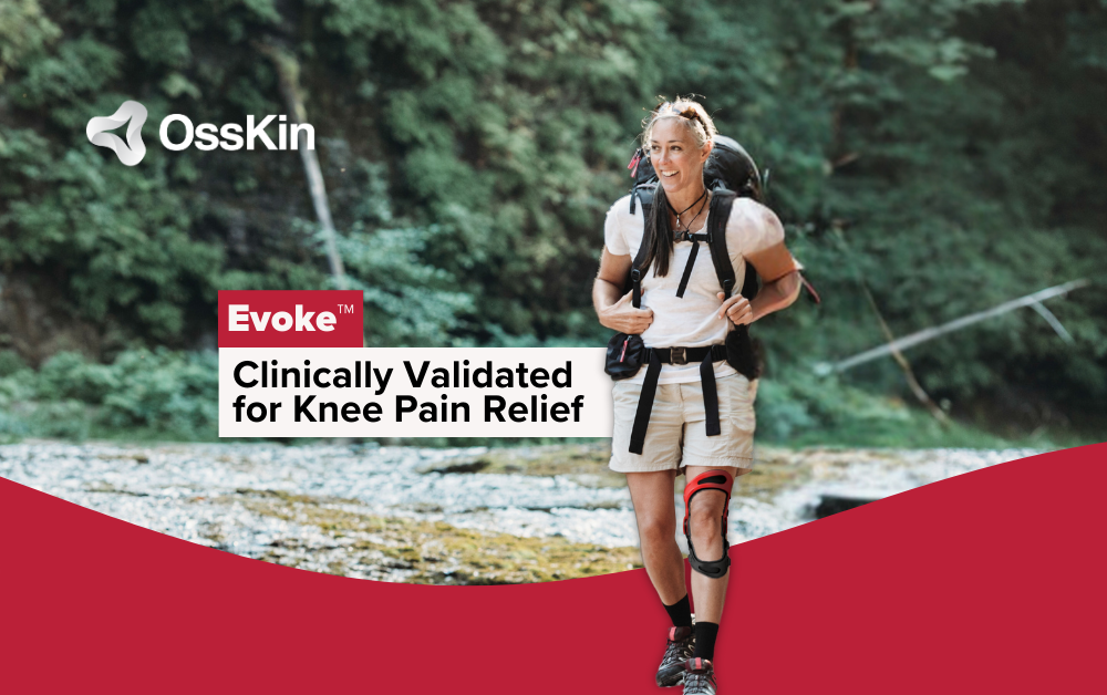 woman hiking alongside a creek, wearing the Evoke knee brace from OssKin